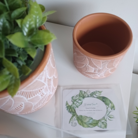 Decorative Terracotta and White Leaf Print Cermanic Pot Set of 2 - Picture 6 of 12